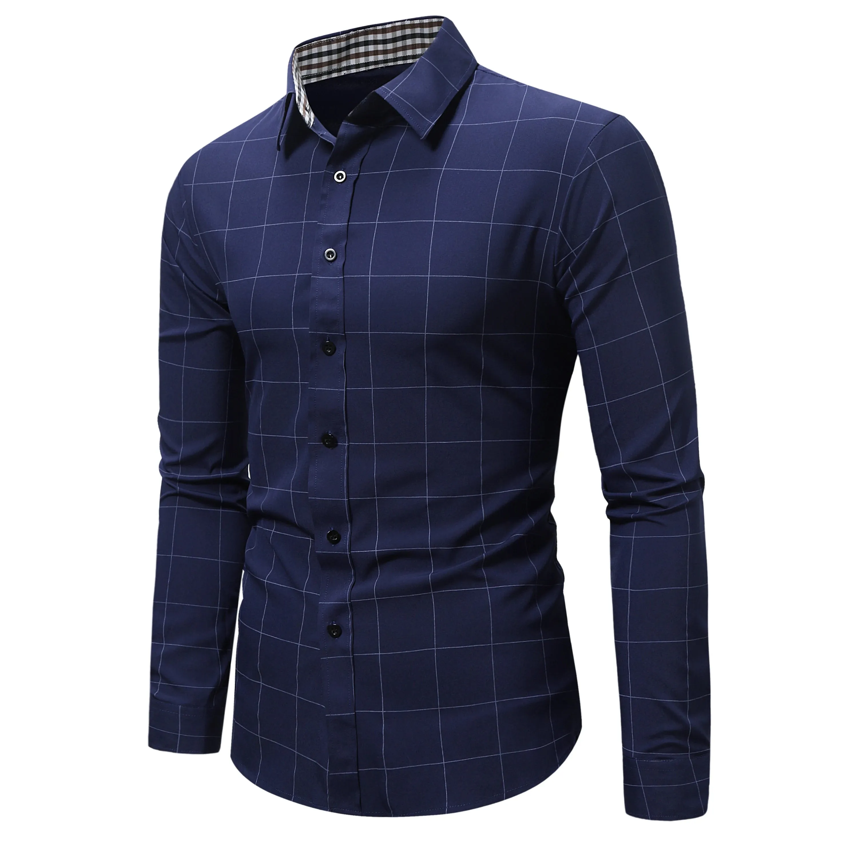 Slim Fit Long Sleeve Cotton Plaid Dress Shirt for Men
