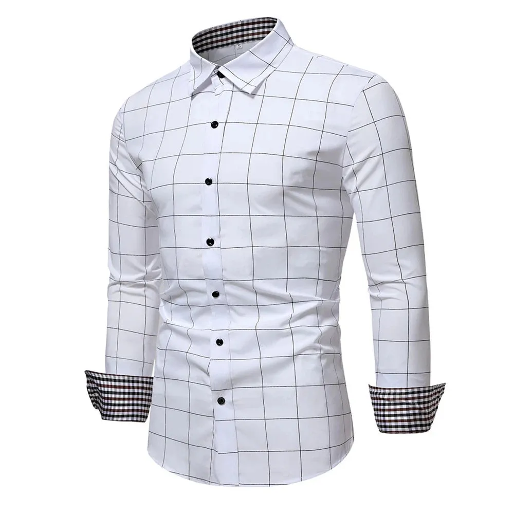 Slim Fit Long Sleeve Cotton Plaid Dress Shirt for Men