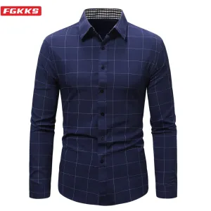 Slim Fit Long Sleeve Cotton Plaid Dress Shirt for Men