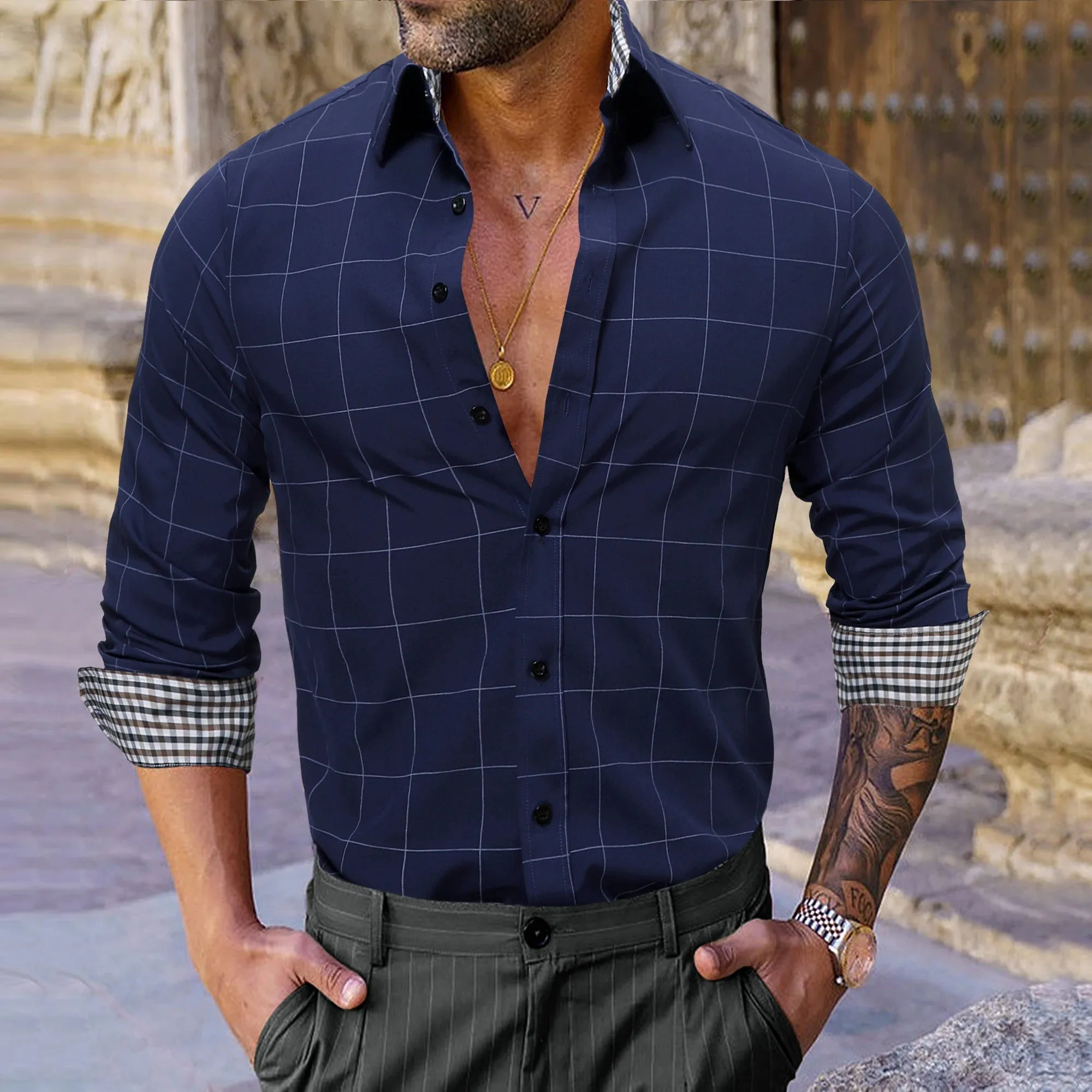 Slim Fit Long Sleeve Cotton Plaid Dress Shirt for Men