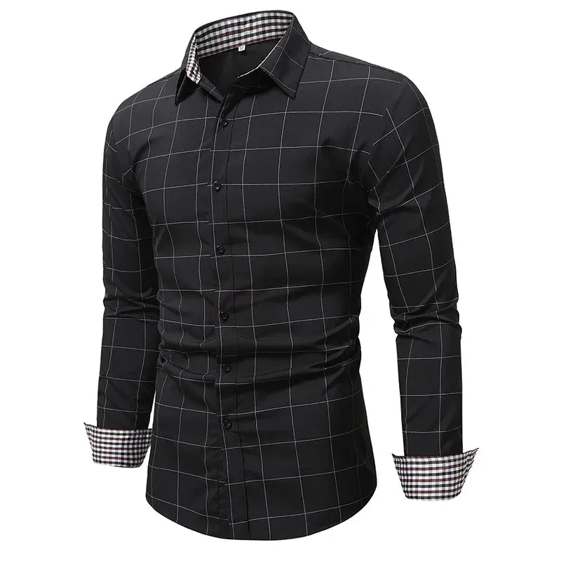 Slim Fit Long Sleeve Cotton Plaid Dress Shirt for Men