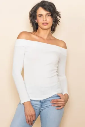 Soft Touched Off Shoulder Ribbed Top-Off White