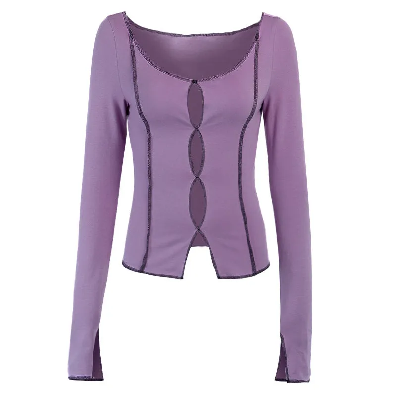 Solid color round neck long sleeve T-shirt  KF9143