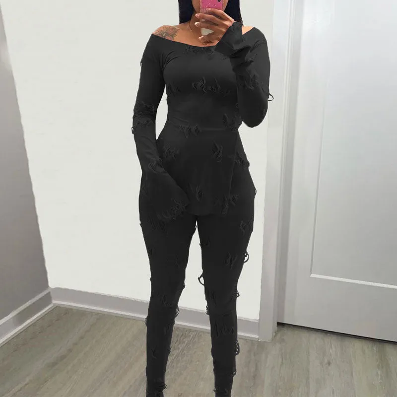 Solid Off Shoulder Slit Top & Pants Set
