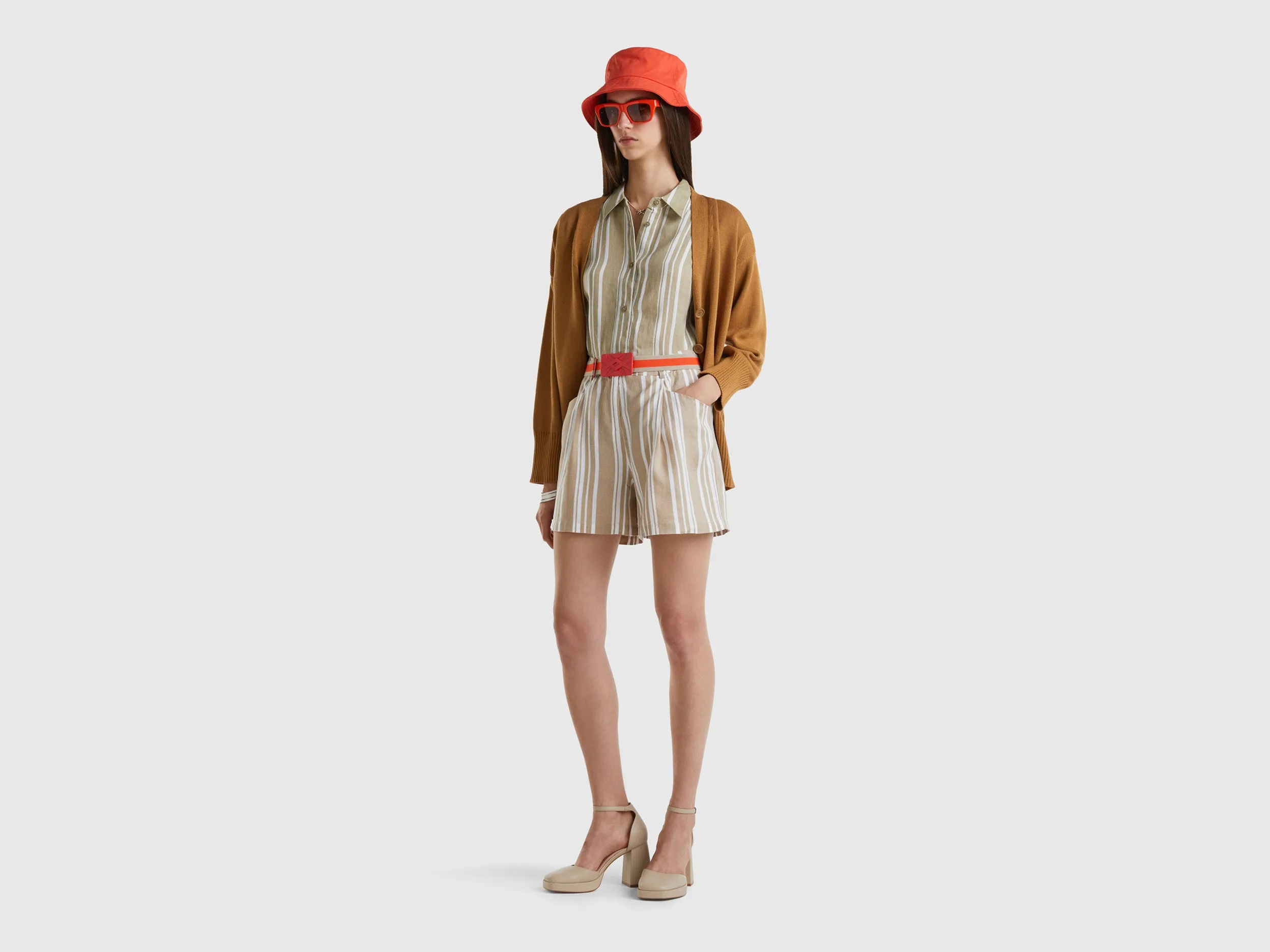 Striped Pattern Relaxed Fit Beige Shorts