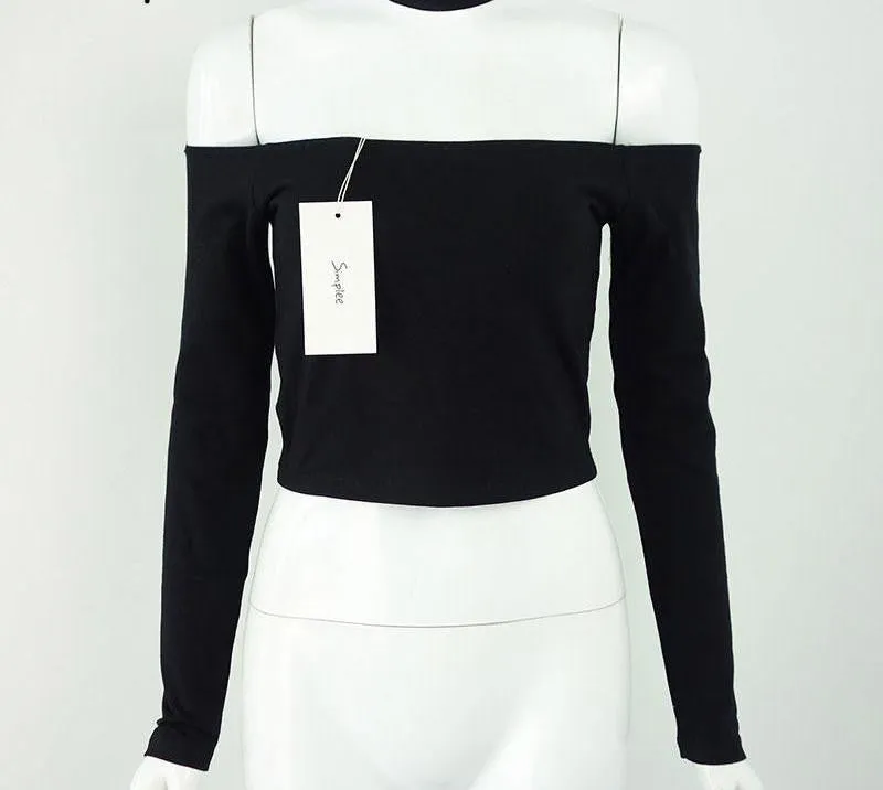 style sexy slash neck black t-shirt women tops long sleeve halter top Girl t shirt 90's crop top