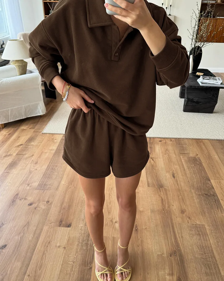 Stylish Brown Polo Short Set for Women with High Waist Shorts