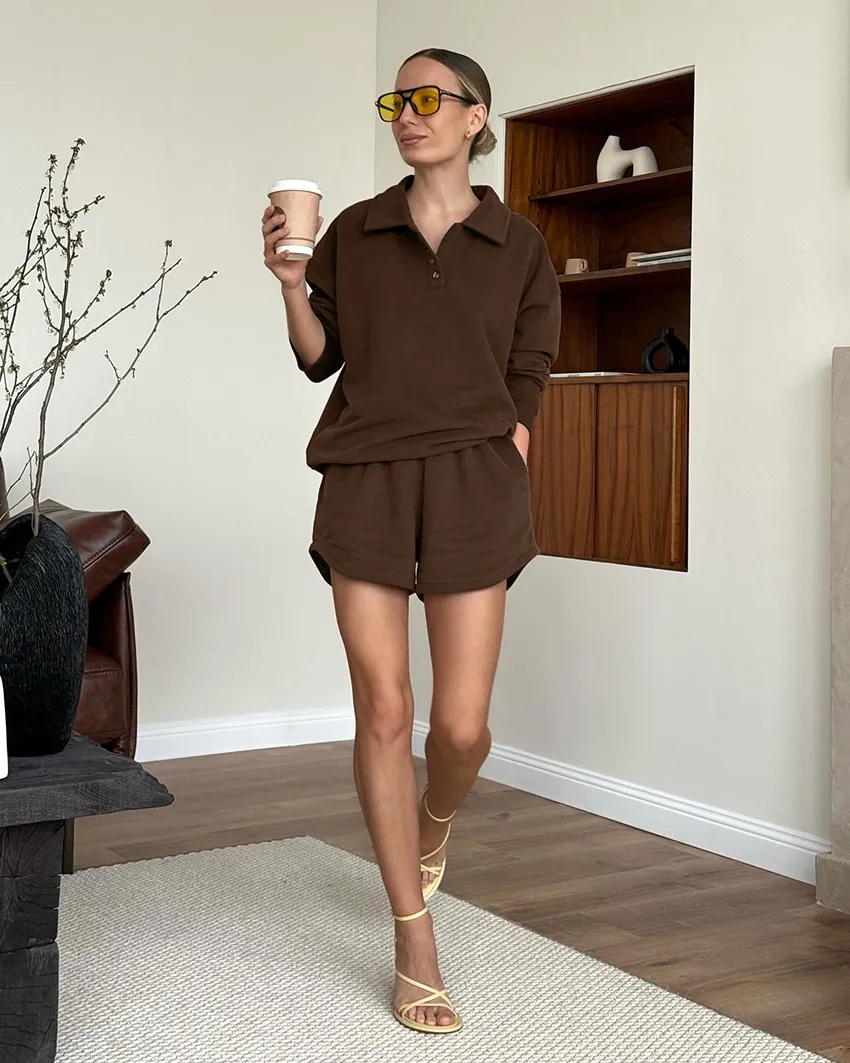 Stylish Brown Polo Short Set for Women with High Waist Shorts