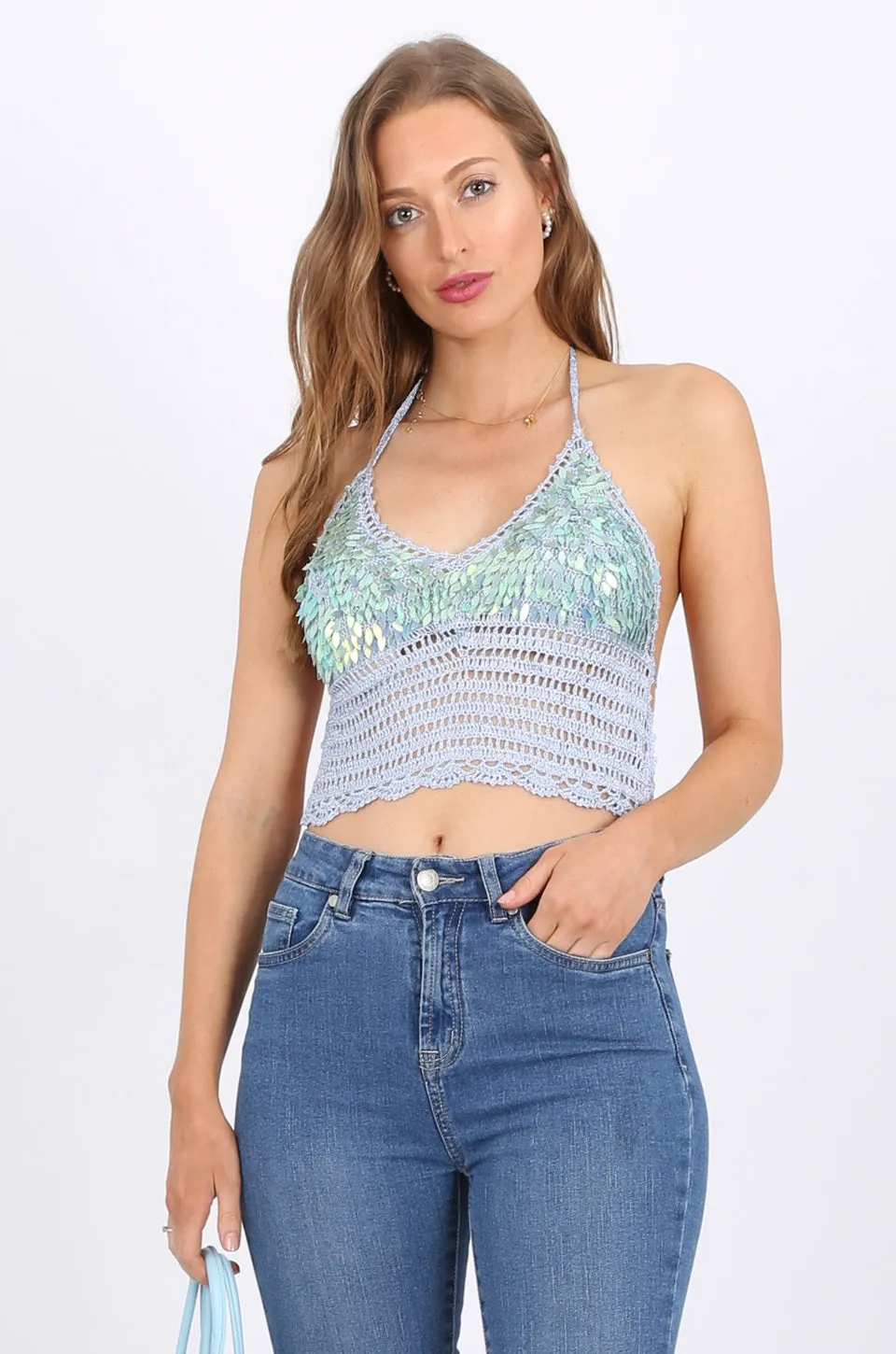 Tear Drop Sequin Top in Blue