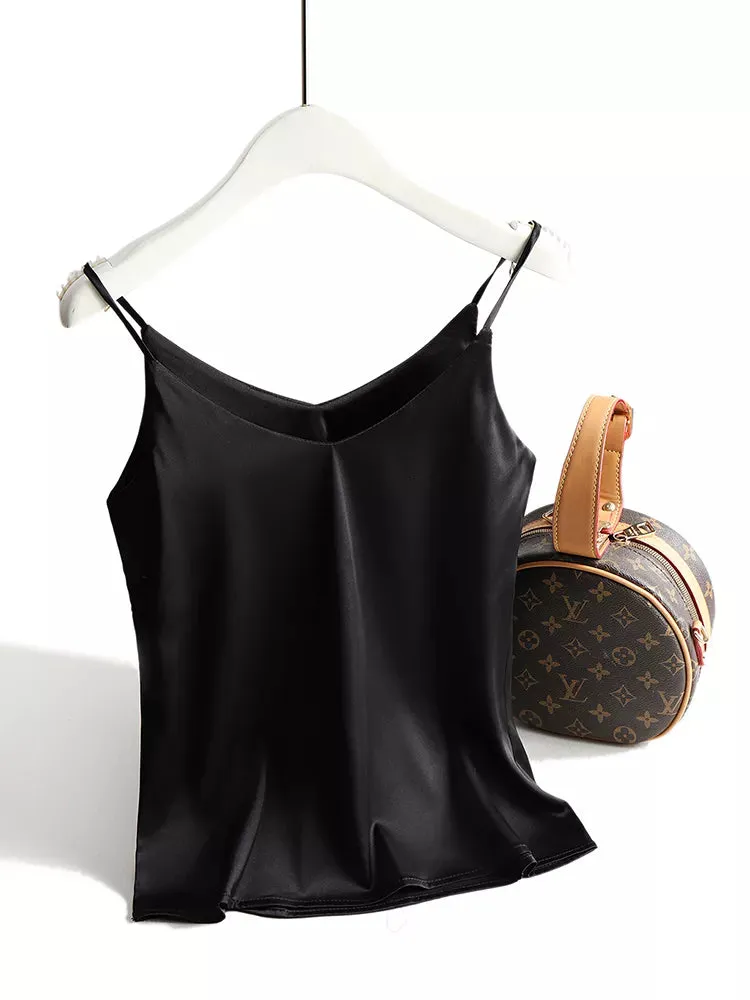 V Neck Basic Cami Sleeveless Satin Silk Tank Tops