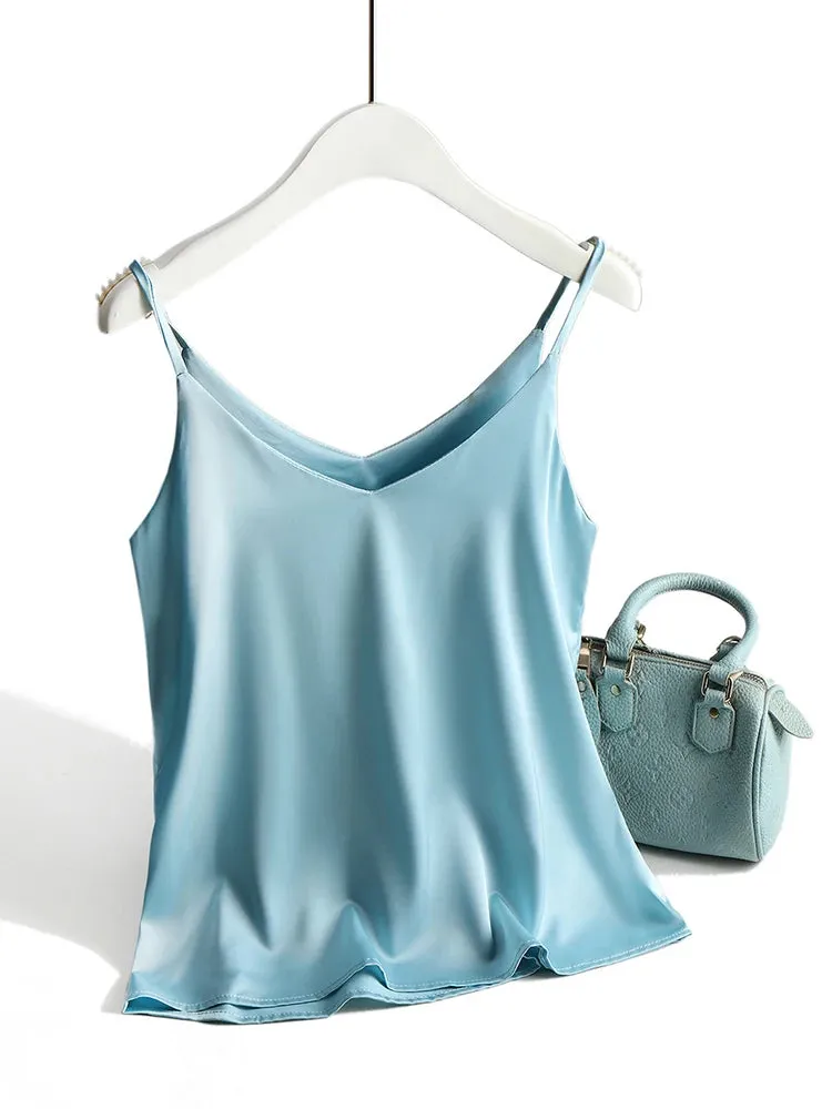V Neck Basic Cami Sleeveless Satin Silk Tank Tops