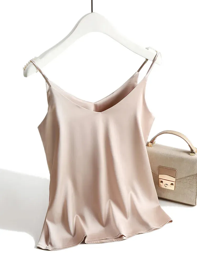 V Neck Basic Cami Sleeveless Satin Silk Tank Tops