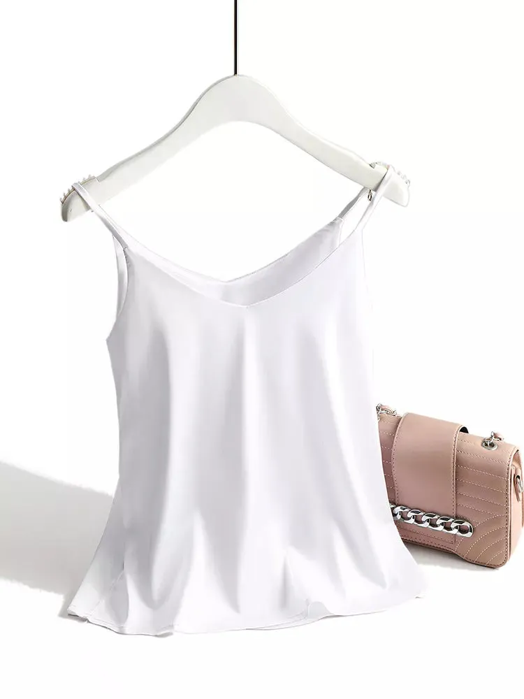 V Neck Basic Cami Sleeveless Satin Silk Tank Tops