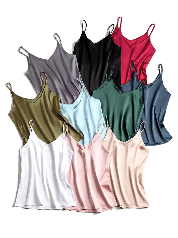 V Neck Basic Cami Sleeveless Satin Silk Tank Tops