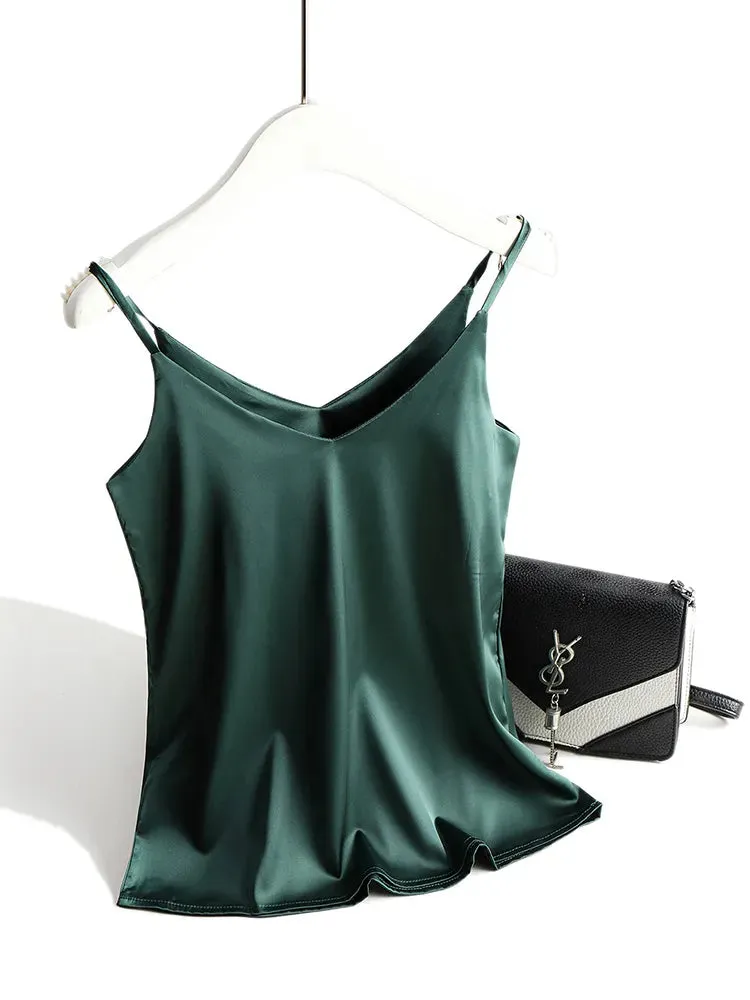 V Neck Basic Cami Sleeveless Satin Silk Tank Tops