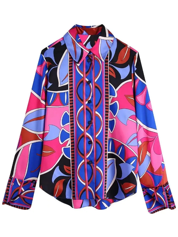Vintage Print Button Up Long Sleeve Collared Shirt