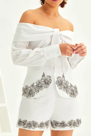 White Linen Embroidered Shorts
