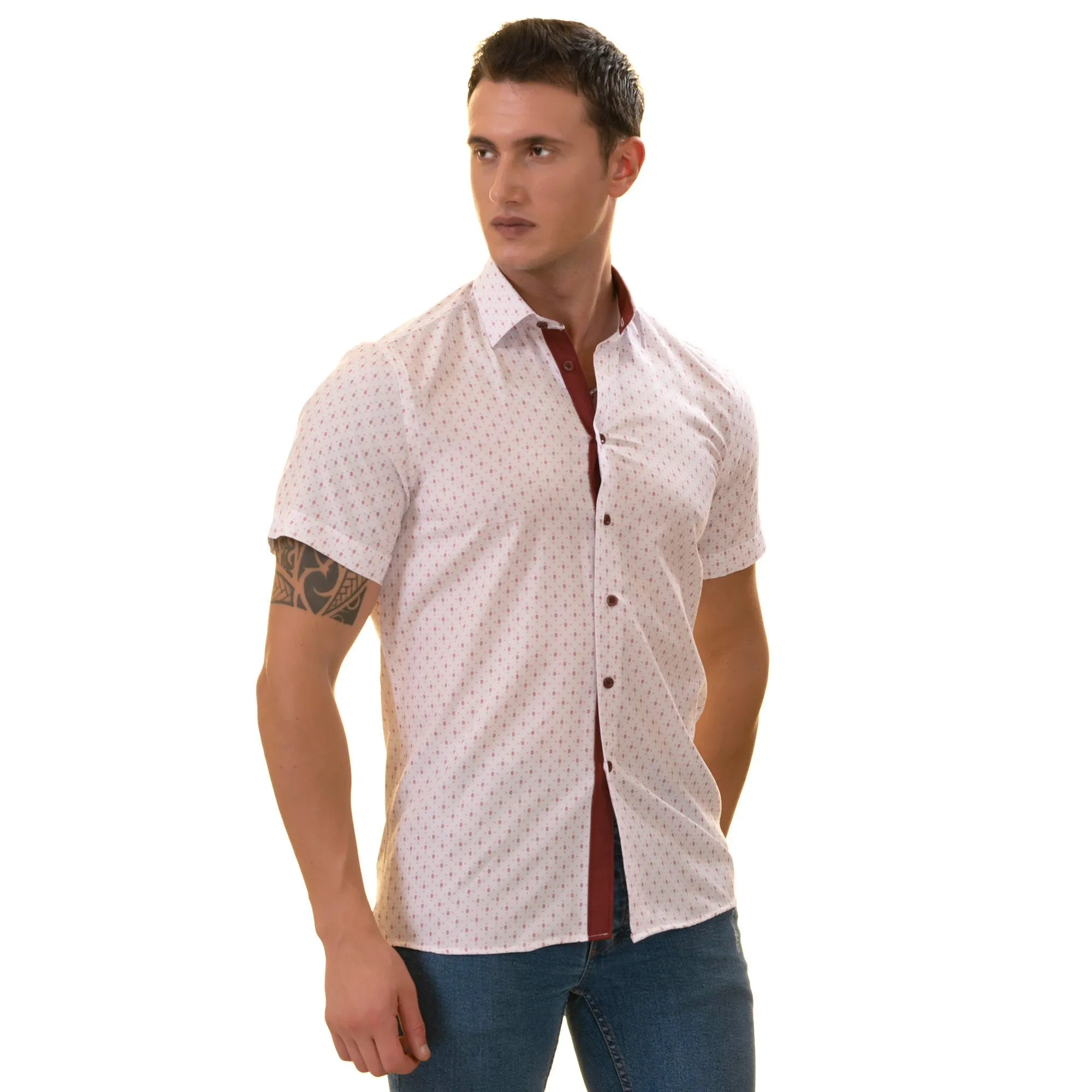 White Printed Shirt | White with Burgany Printed Paisley  Short Sleeve