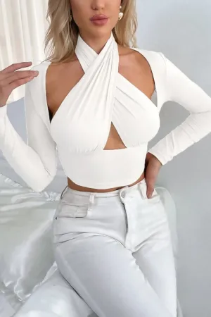 White Slinky Cross Wrap Halter Neck Crop Top