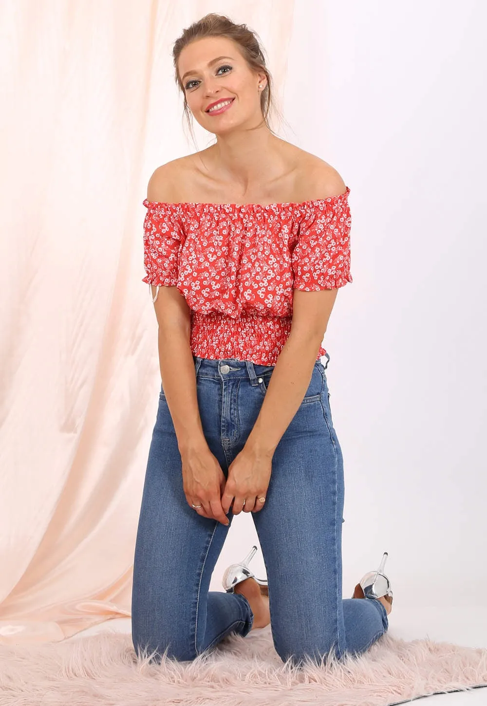 Willow off shoulder cropped top  in red