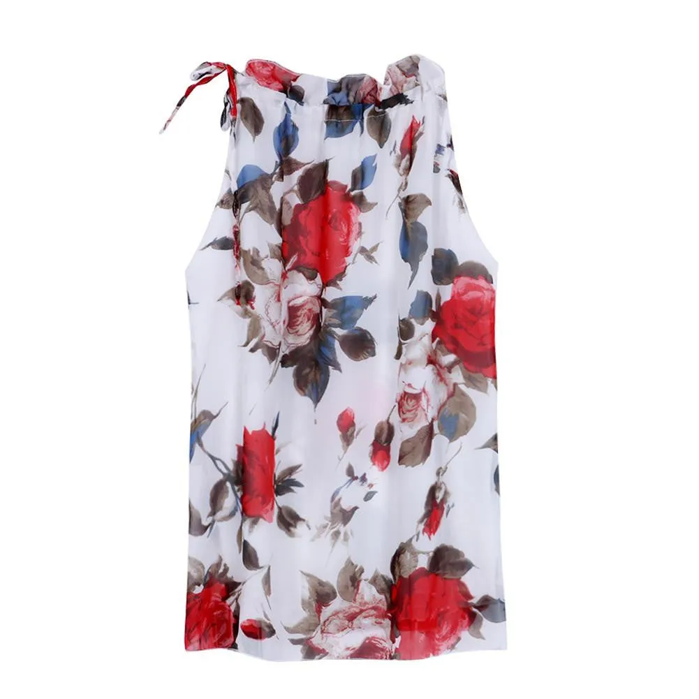 Women Shirts Fashion Flowers Print Halter Sleeveless Neck Blouse Women Elegant Tops