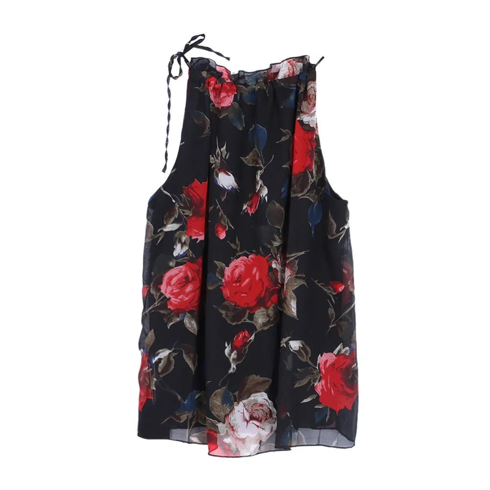 Women Shirts Fashion Flowers Print Halter Sleeveless Neck Blouse Women Elegant Tops