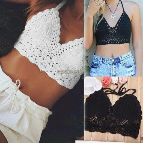 Womens Bralette Halter Neck Crop Top Knit Crochet Cami Bikini Blouse Bra