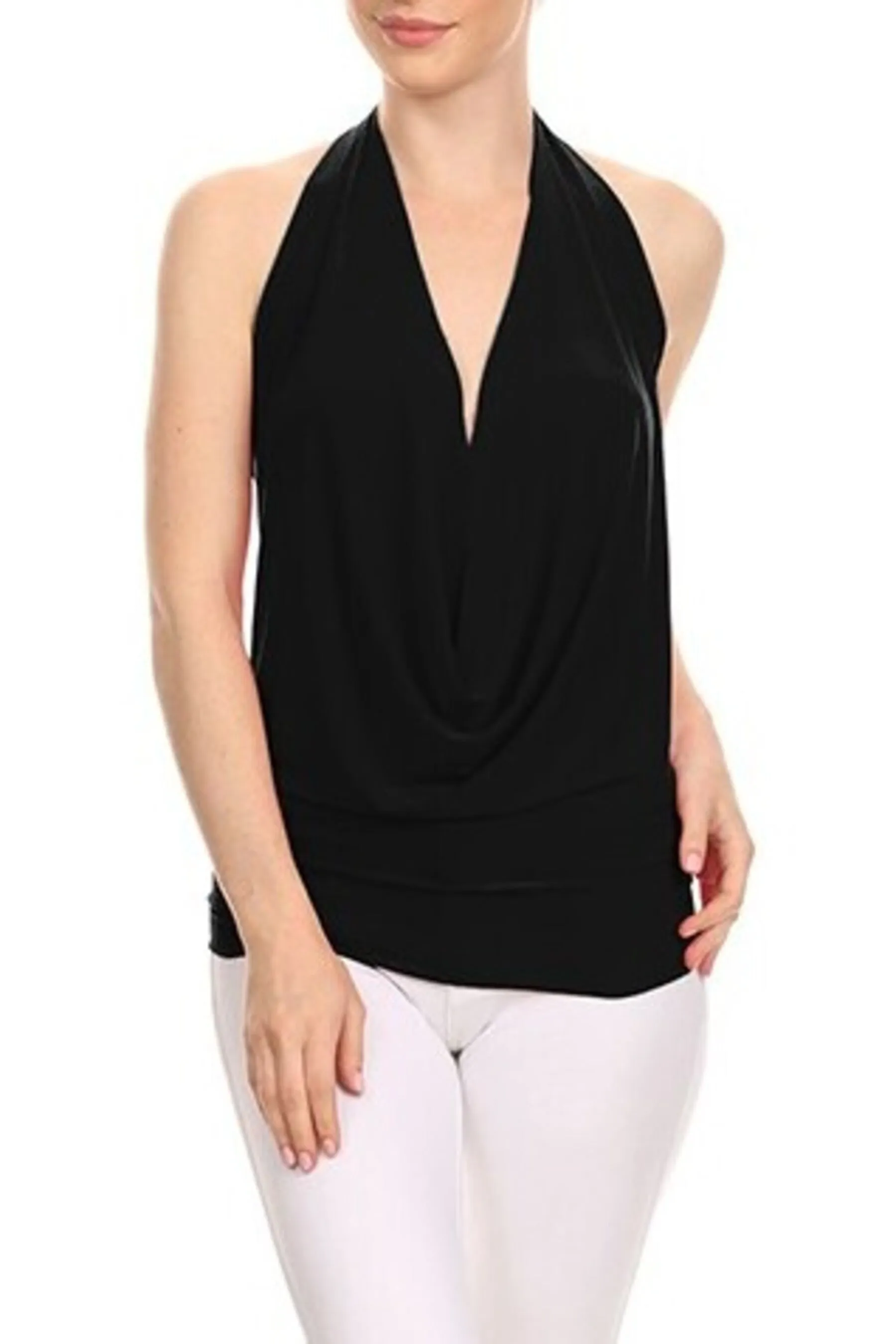 Women's Casual Draped Front Sexy Low Cut Halter Top