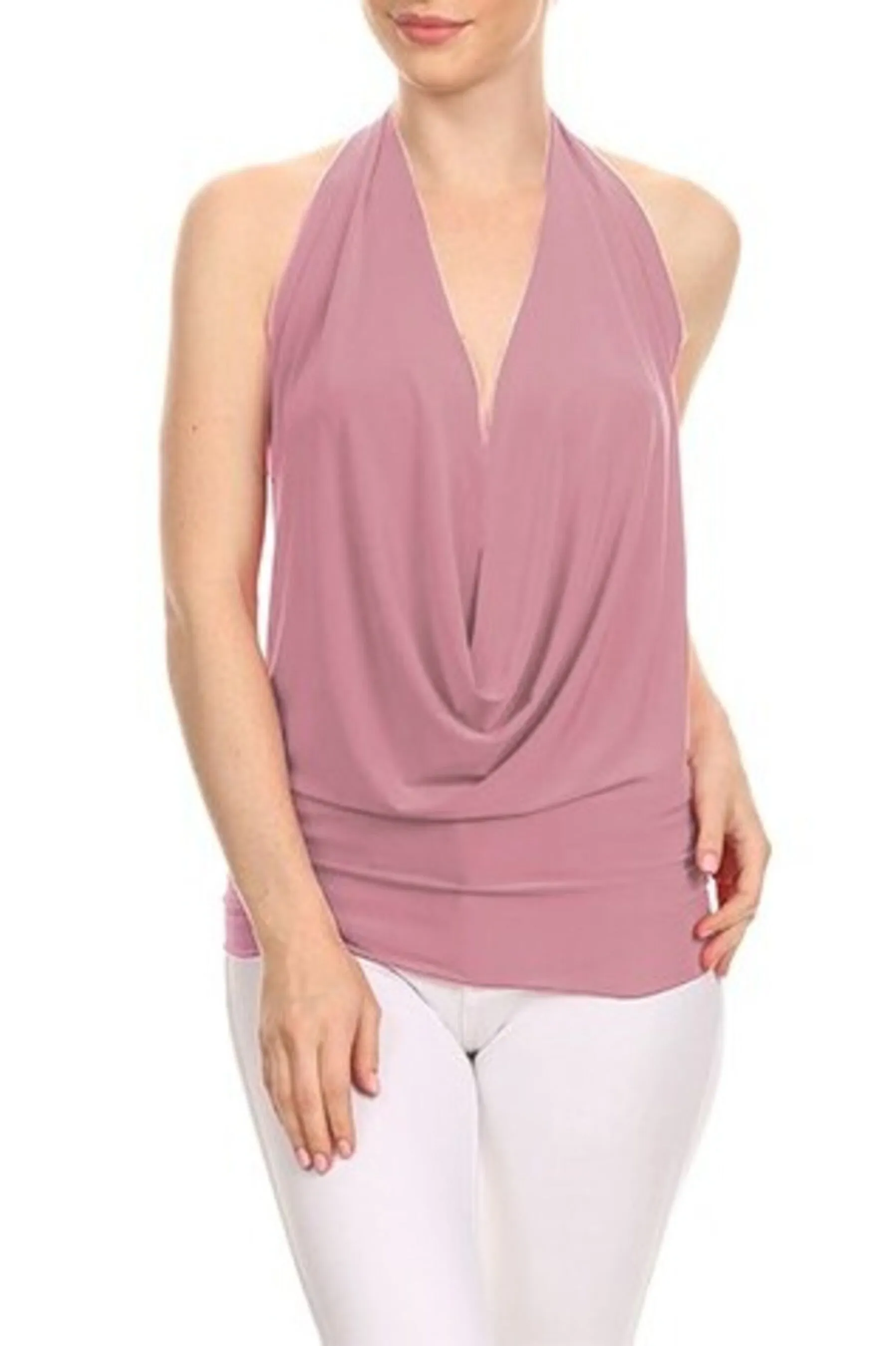 Women's Casual Draped Front Sexy Low Cut Halter Top