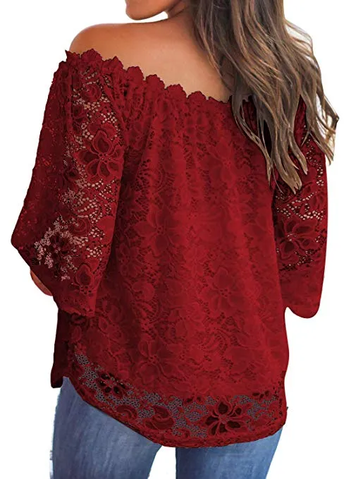 Women's Lace Off Shoulder Tops Casual Loose Blouse Shirts