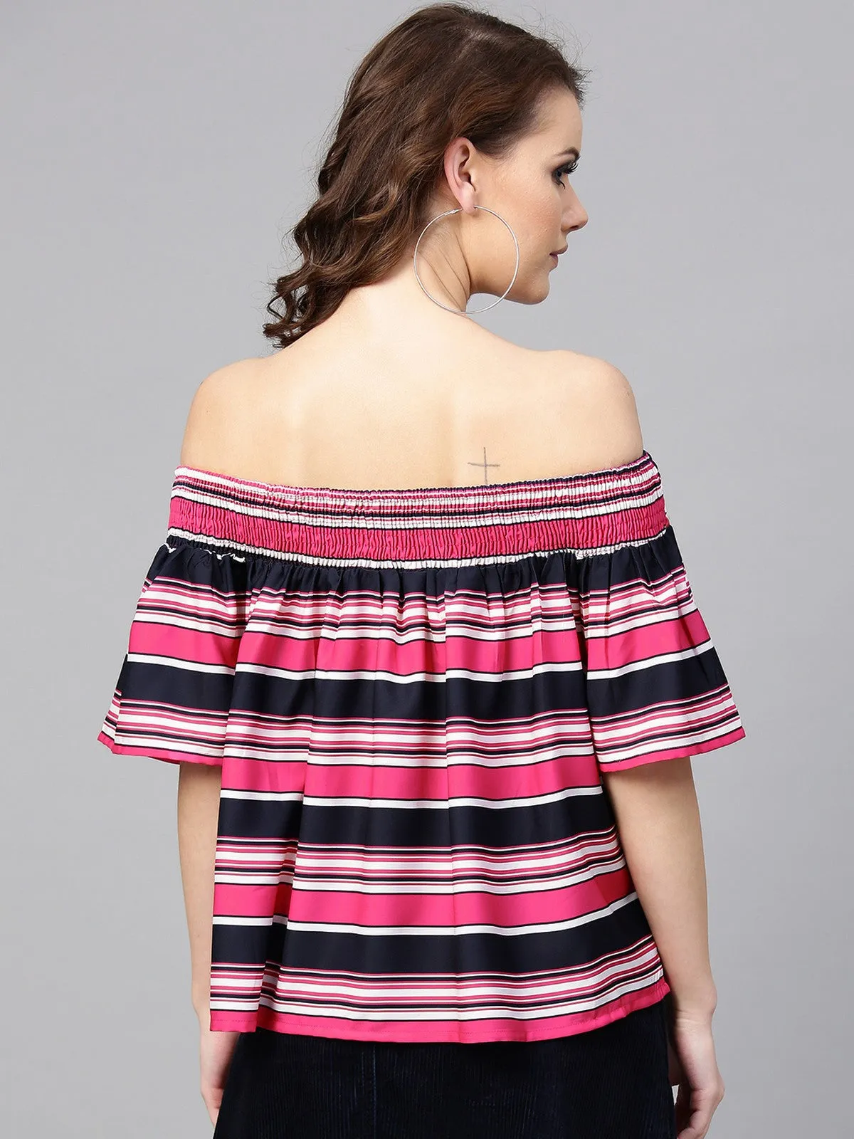 Women's Printed Multicolor Stripes Off-Shoulder Top