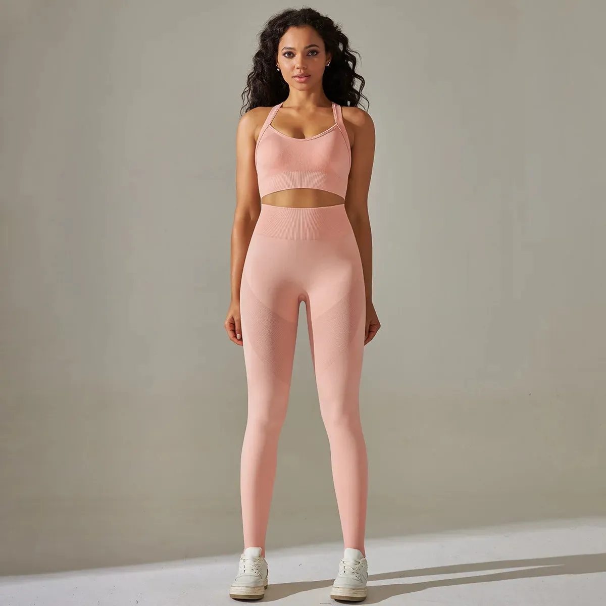 Women's Seamless Yoga Set - Cross Back Strap Sports Bra and High Waist Leggings