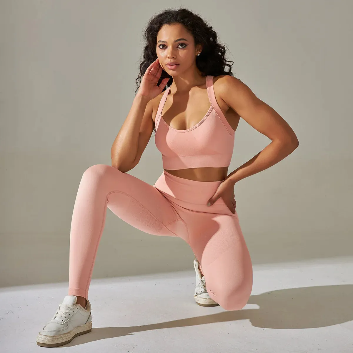 Women's Seamless Yoga Set - Cross Back Strap Sports Bra and High Waist Leggings