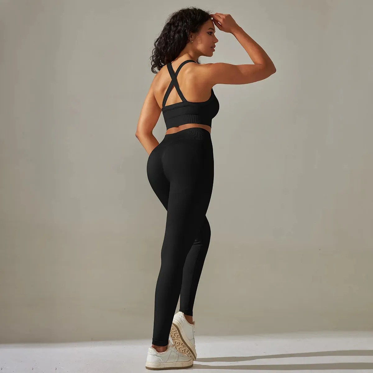 Women's Seamless Yoga Set - Cross Back Strap Sports Bra and High Waist Leggings