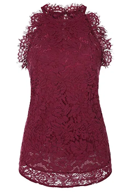 Women's Sleeveless Halter Neck Lace Blouse Top with Lining