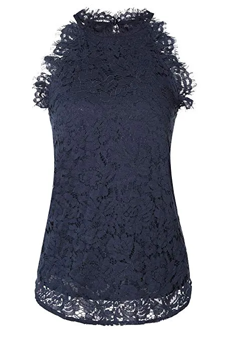 Women's Sleeveless Halter Neck Lace Blouse Top with Lining