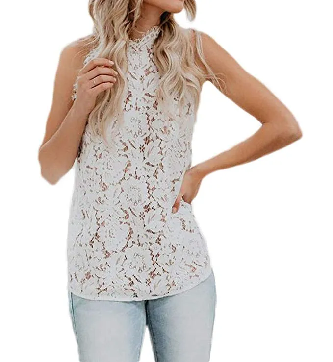 Women's Sleeveless Halter Neck Lace Blouse Top with Lining
