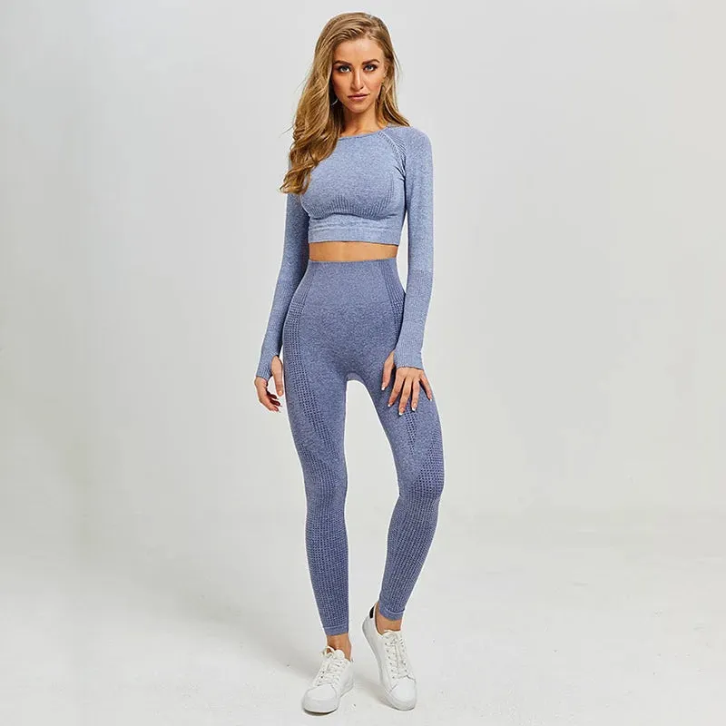 Women's Vital Seamless Yoga Set: Gym Leggings   Cropped Shirts, Fitness Sport Suit with Long Sleeve Tracksuit, Active Wear