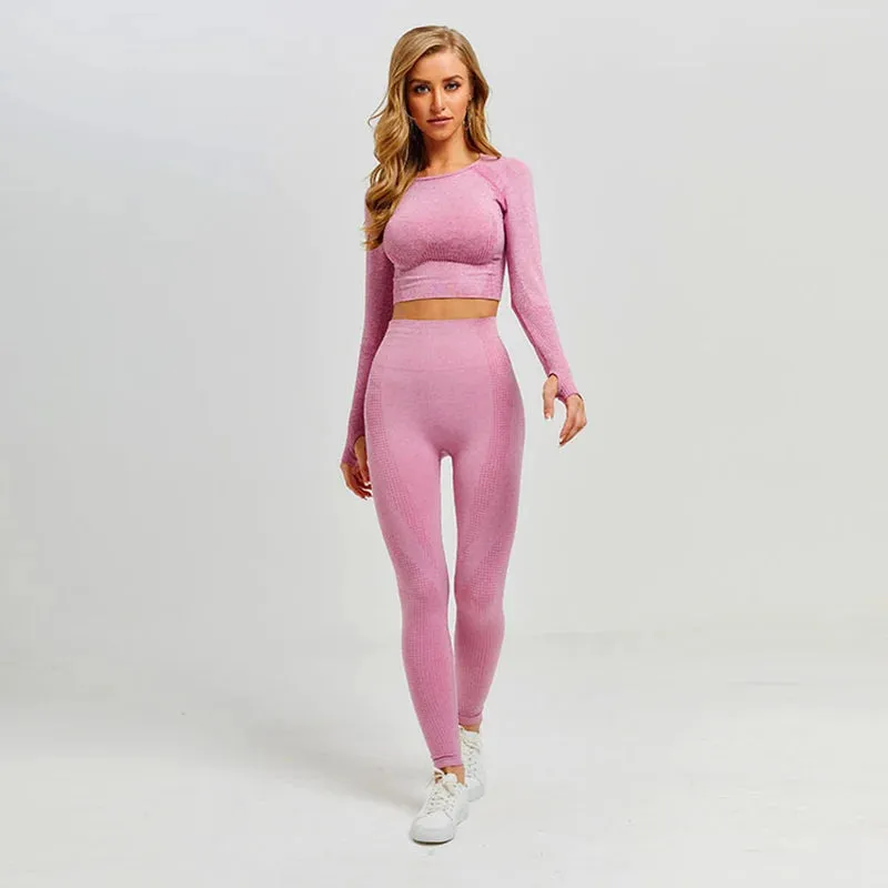 Women's Vital Seamless Yoga Set: Gym Leggings   Cropped Shirts, Fitness Sport Suit with Long Sleeve Tracksuit, Active Wear