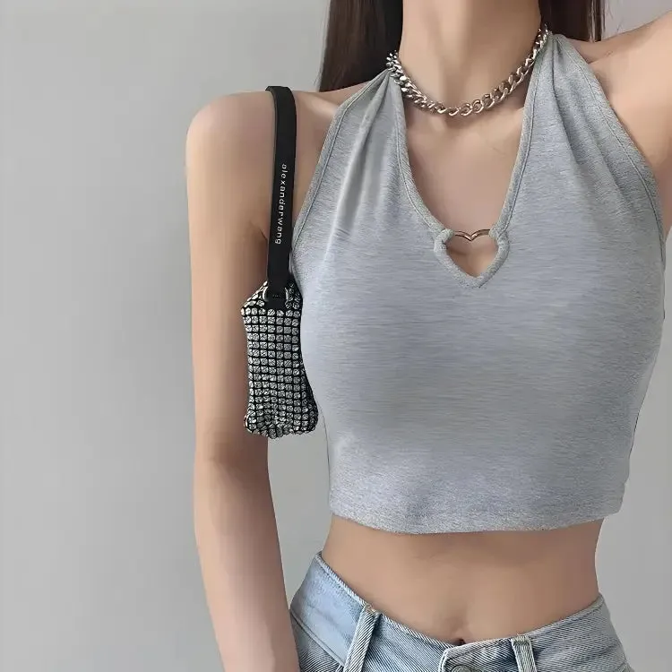 Y2K Halter Top with Heart Ring Accent for Day to Night Style