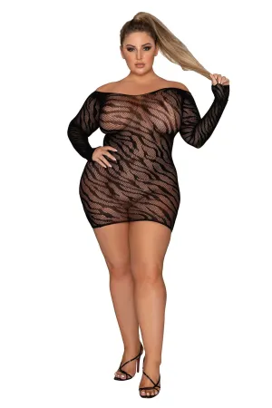 Zebra Patterned Off-Shoulder Knit Seamless Chemise with Thumbholes Curvy Size