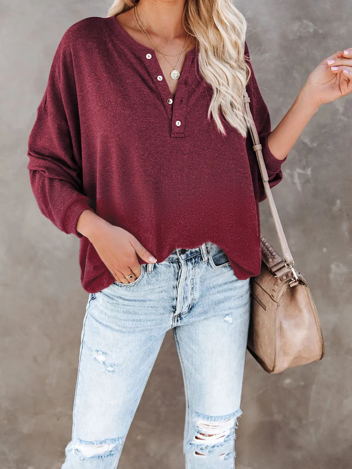 Zoey Buttoned Drop Shoulder Top